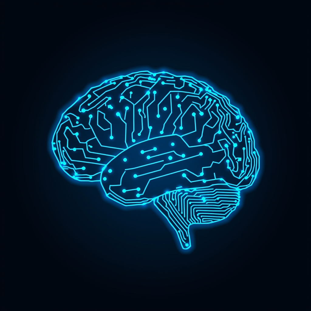 Glowing blue circuit board forming the shape of a human brain, AI concept art, deep neon lighting, no people